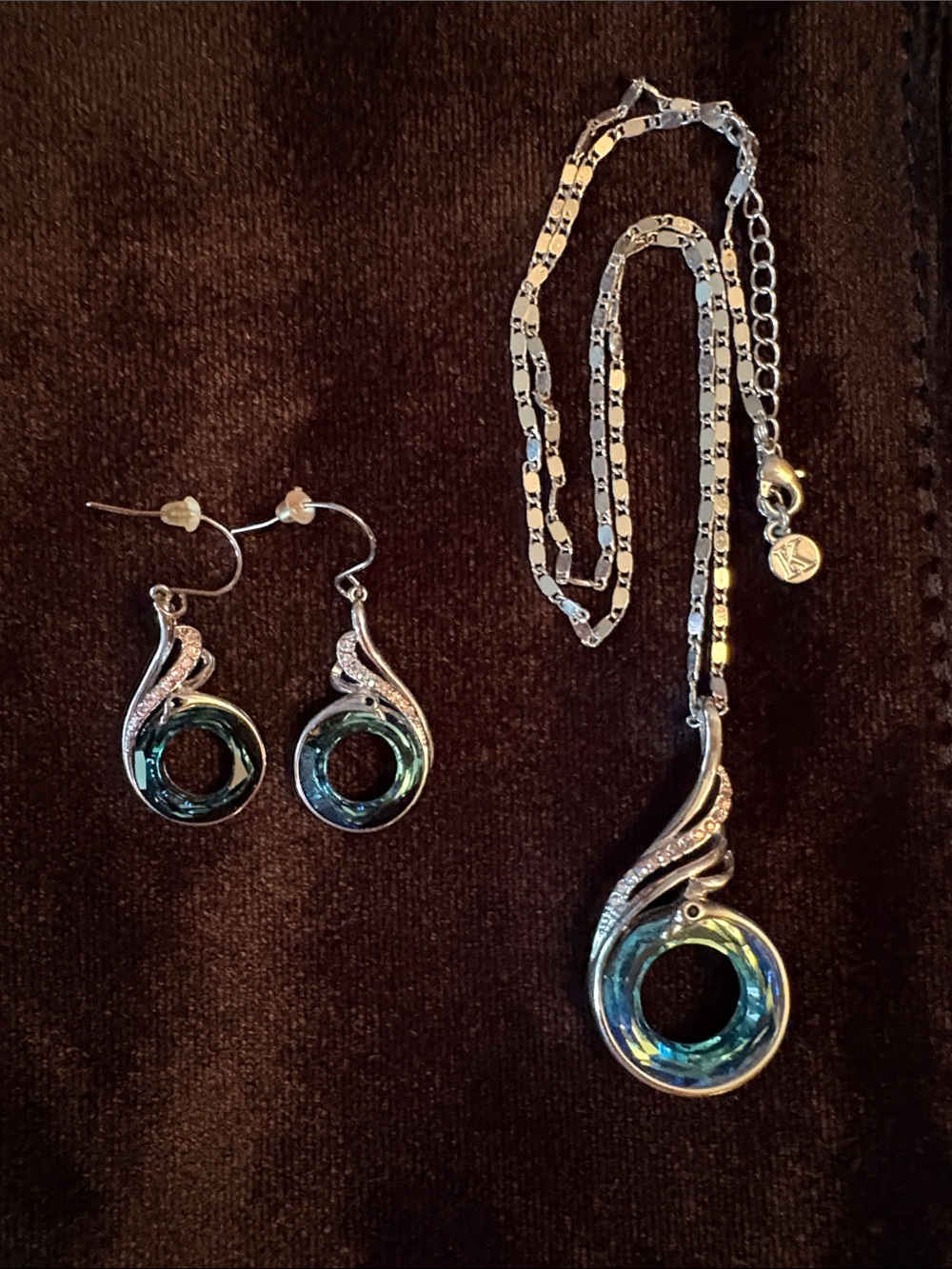 Silver-tone Blue Glass Circle Pendant Necklace & Drop Earrings Set